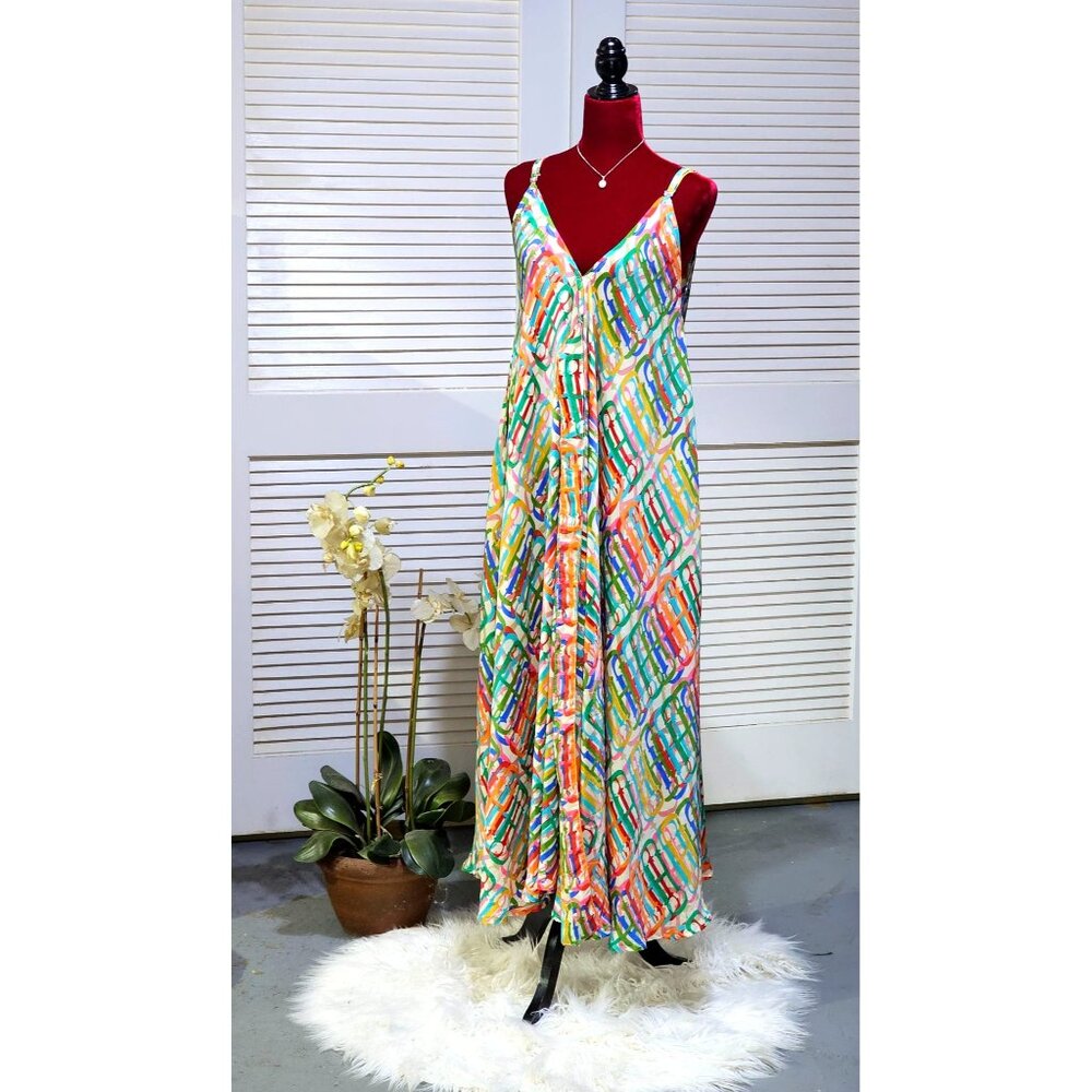 Advance Women's Multicolor Silk Maxi Dress Adjustable Tie One Sz Fits Most 2563 - Picture 6 of 10